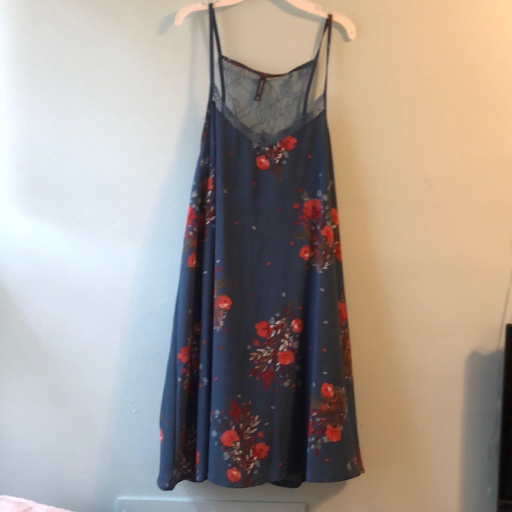 floral dress, blue and orange-red